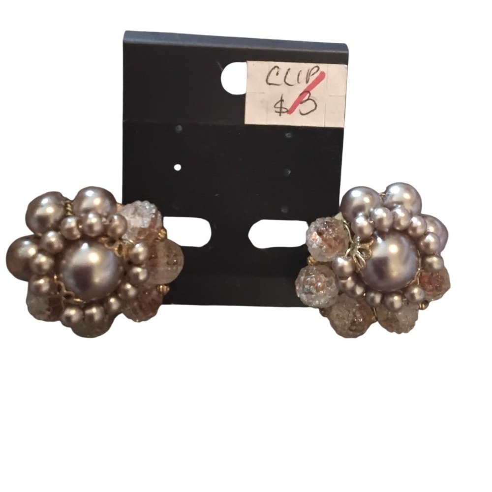 Vintage Faux Pearl and Crystal Cluster Clip-On Earrings Champagne Silver Tone